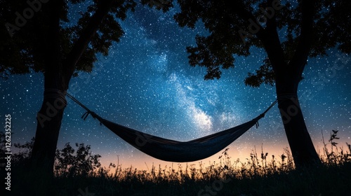 Starry night sky with hammock between trees in peaceful outdoor setting