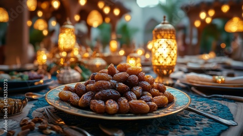 Festive dining setting with illuminated lanterns and traditional sweets in a ...
