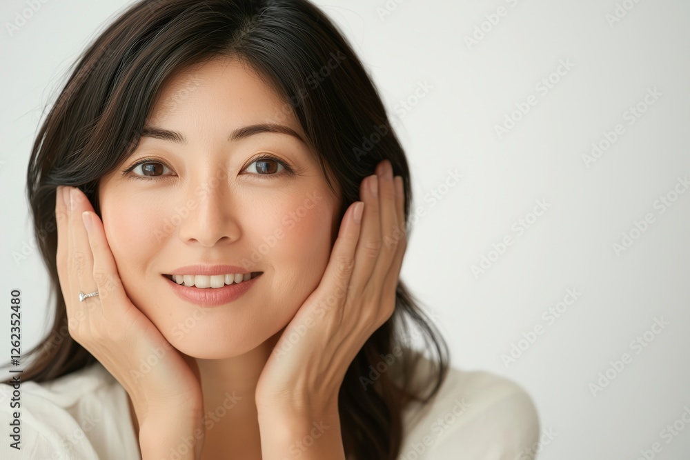 Radiant Woman Portrait: A close-up portrait of a smiling Asian woman with radiant skin, her hands gently caressing her cheeks. She exudes confidence and natural beauty. Radiant Woman Portrait: A close-up portrait of a smiling Asian woman with radiant skin, her hands gently caressing her cheeks. She exudes confidence and natural beauty.