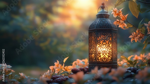 Soft glow of lantern amidst blooming flowers at sunset in a serene garden