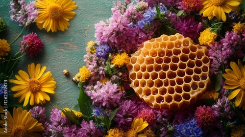 Bees collecting nectar from colorful blossoms near honeycomb on a bright sunn...