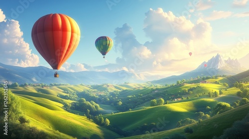 Colorful hot air balloons float above lush green hills under a clear blue sky