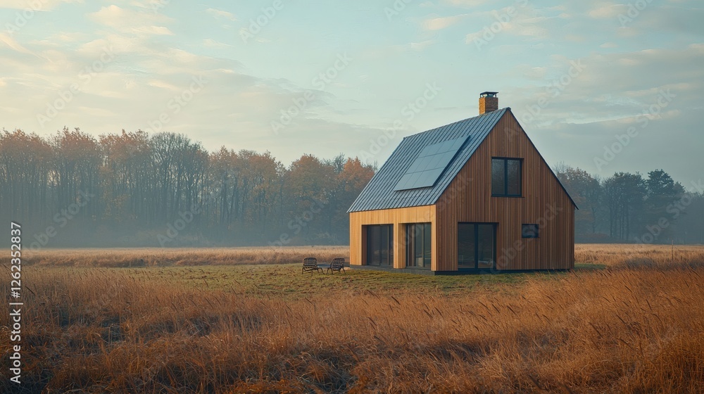 Solar-powered smart home with a minimalistic design, green energy integration, sustainable lifestyle, stock photo with side copy space. Solar-powered smart home with a minimalistic design, green energy integration, sustainable lifestyle, stock photo with side copy space.