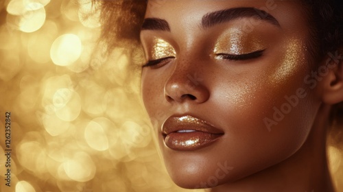 Elegant close-up of a woman with golden makeup against a shimmering golden ba...
