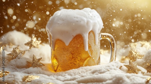 Golden beer in a glass sitting on a sparkling surface surrounded by bubbles a...