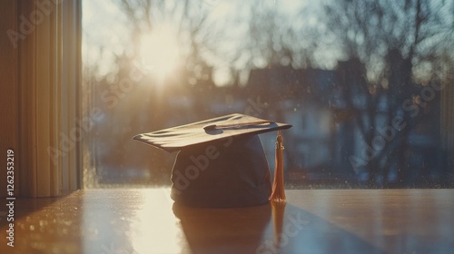 Graduation cap resting on books surrounded by lush greenery in a sunlit room