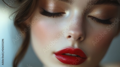 Stunning beauty portrait featuring vibrant makeup with sparkling blue eyes an...