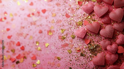 Colorful heart decorations on a sparkling pink background for a festive celeb...
