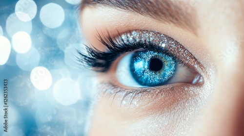 Vibrant blue eye adorned with sparkling makeup and a soft bokeh background cr...