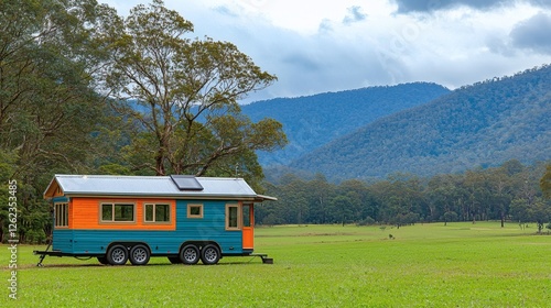 Tiny house in a natural landscape, self-sufficient living, renewable energy solutions, minimalist eco-home, stock photo with side copy space.