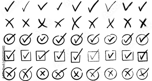 Check marks doodle set. Vote, yes, no, checkbox, checklist, tick and cross signs, v and x drawn concept. Hand drawn doodle sketch style vector illustration 