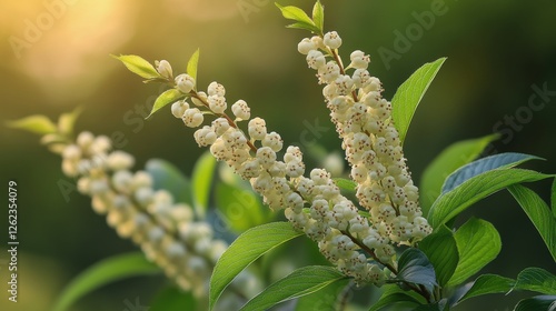 Bright green leaves and delicate flowers illuminated by soft sunlight in a se...