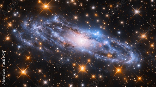 Colorful nebula with swirling gases and stars illuminated in the night sky ab...