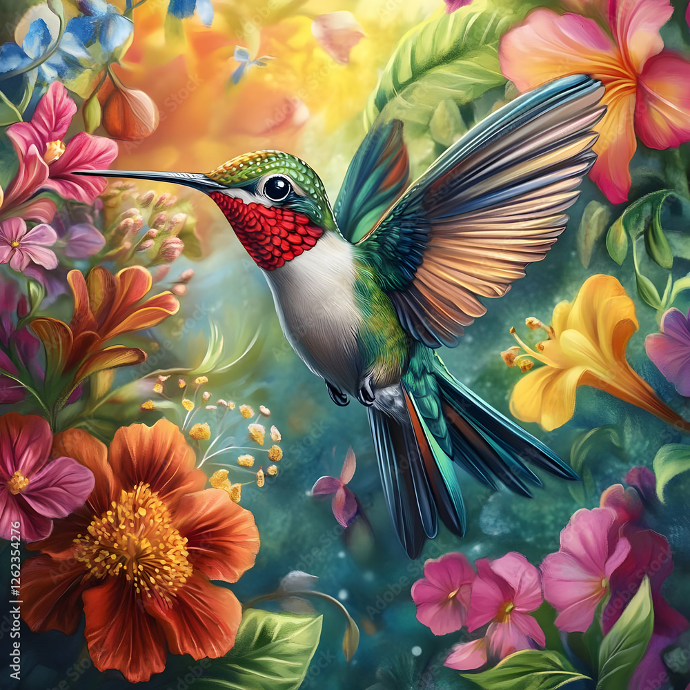 A vibrant hummingbird surrounded by colorful flowers in a lush garden. A vibrant hummingbird surrounded by colorful flowers in a lush garden.