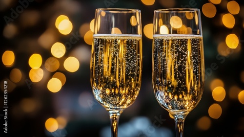 Celebration with sparkling drinks in elegant glasses amidst glowing lights at...