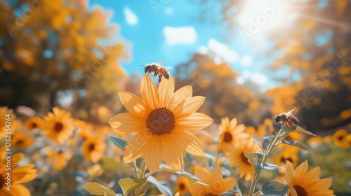Bees collecting nectar from sunflowers in a vibrant garden on a sunny afternoon