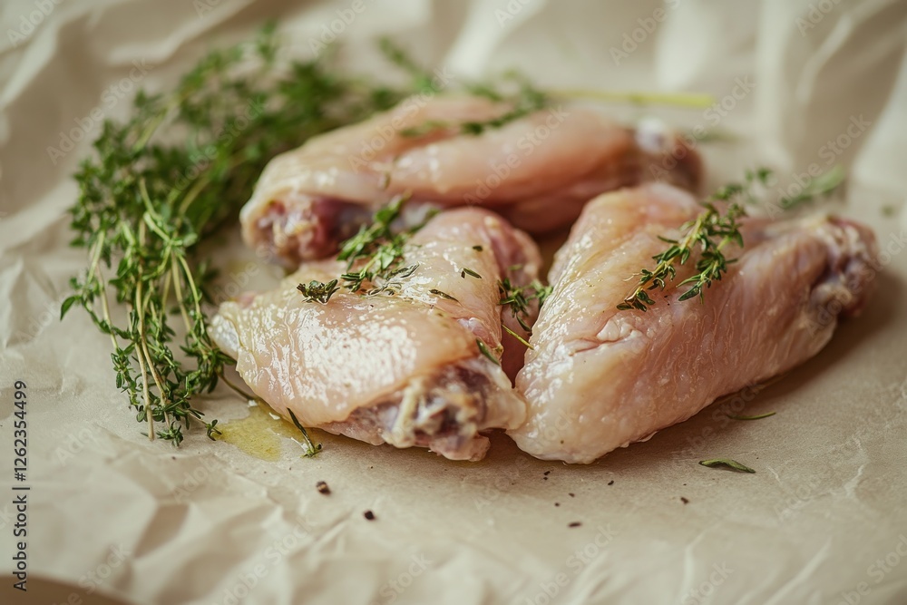 Fresh Chicken Wings with Herbs on Brown Parchment Paper Fresh Chicken Wings with Herbs on Brown Parchment Paper