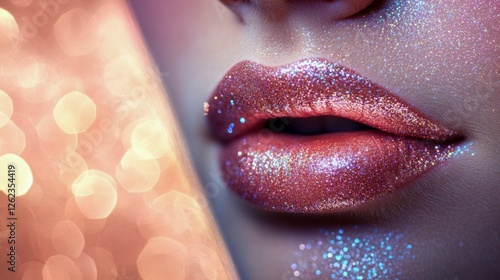 Shimmering beauty close-up with sparkling makeup and soft lighting