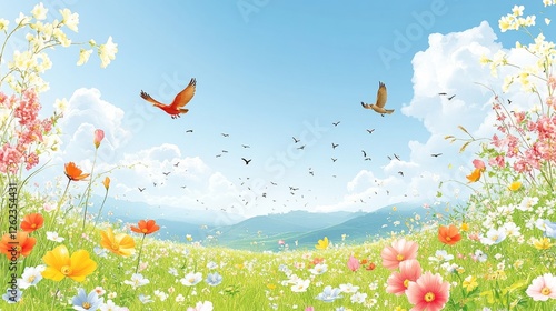 Vibrant meadow with colorful flowers and birds flying under a bright blue sky...