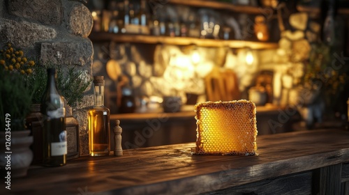 Honey being drizzled from a honeycomb in a rustic kitchen during an afternoon