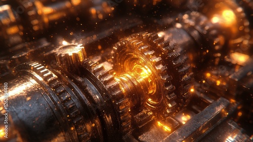 Gears turning with sparks in a futuristic mechanical setting during a dynamic...