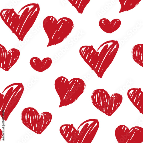 Crayon drawn cute hearts seamless pattern. Charcoal doodle hearts wallpaper. Grunge style, pencil drawings. Modern romance print for textile, paper, packaging, design, vector background 