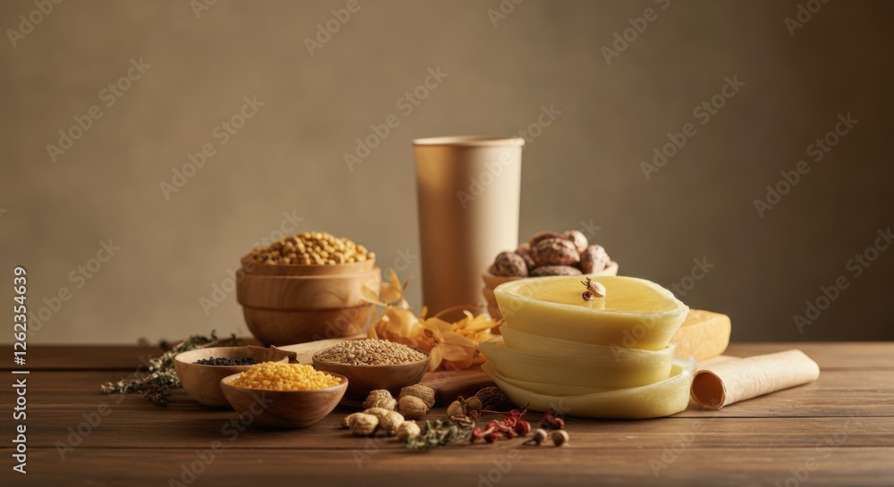 Rustic selection of spices, nuts, and natural soaps on wooden surface Rustic selection of spices, nuts, and natural soaps on wooden surface