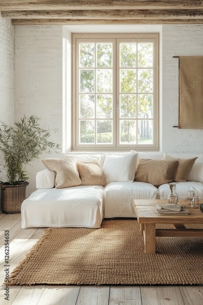 Fototapeta premium Home mockup, Coastal living room interior background, 3d render, Generative AI