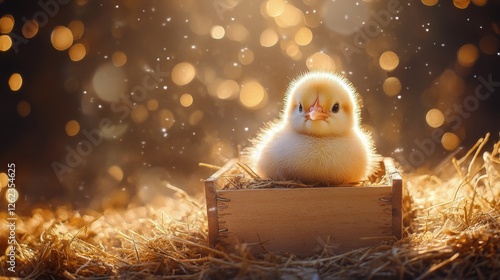 Charming yellow chick resting in a rustic wooden crate surrounded by soft str...