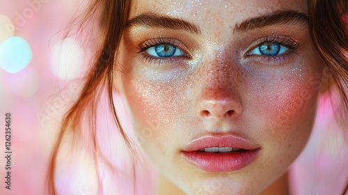 Young woman with sparkling makeup and vibrant blue eyes posing against a colo...