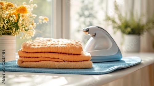 Colorful folded towels displayed on a wooden tray with cleaning supplies and ...