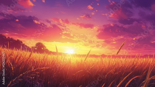Vibrant sunset over golden fields with dramatic clouds in the evening sky