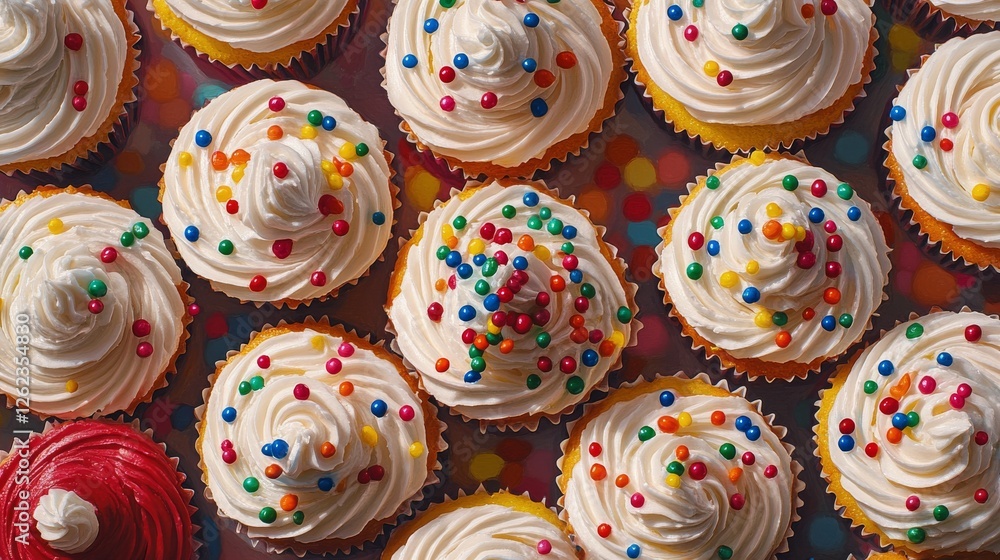 Colorful cupcakes with pink frosting and sprinkles displayed on a table Colorful cupcakes with pink frosting and sprinkles displayed on a table