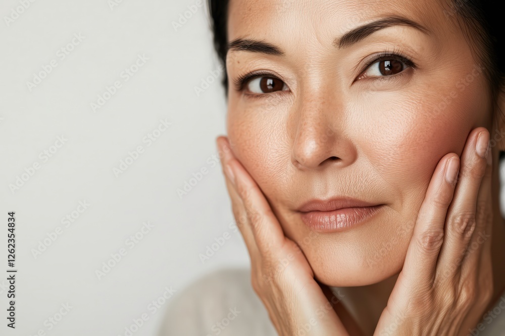The Essence of Confidence: A closeup portrait captures the captivating gaze of an Asian woman, her hands gently caressing her face, radiating an aura of strength and inner beauty. The Essence of Confidence: A closeup portrait captures the captivating gaze of an Asian woman, her hands gently caressing her face, radiating an aura of strength and inner beauty.
