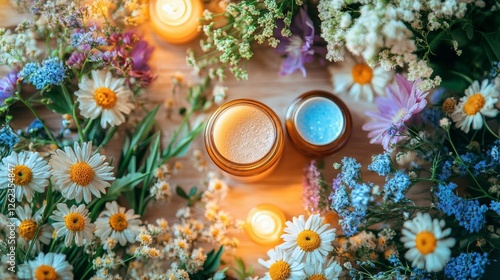 Beautiful floral arrangement with skincare products on a light background in ...