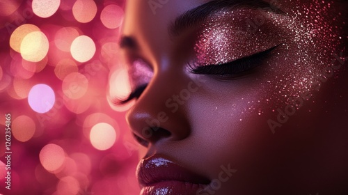 Sparkling lips with glitter makeup in a vibrant bokeh background