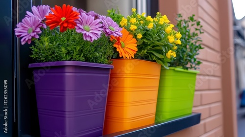 Wallpaper Mural Colorful Flower Pots On Window Sill With Assorted Flowers Torontodigital.ca