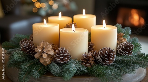 Festive candles surrounded by pinecones and frost on a winter evening near Ch...