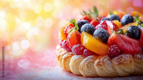 Freshly baked fruit pastry with vibrant berries and tropical slices on displa...