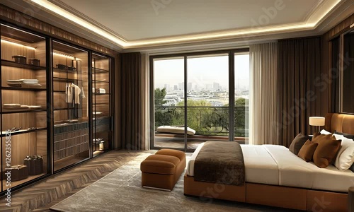 Luxurious bedroom with city view, walk-in closet, and brown leather bed.