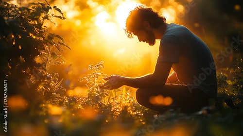A gardener kneeling in a lush garden at sunrise, gently touching dew-covered leaves, golden morning light streaming through misty air, creating a serene and magical atmosphere. --ar 16:9