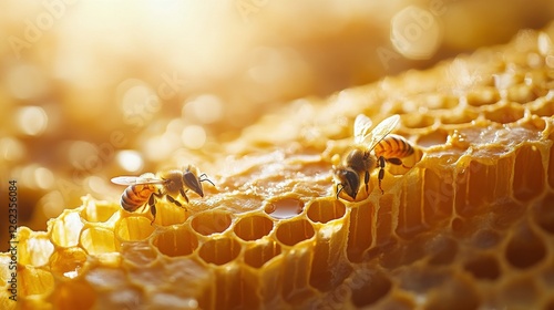 Honey bee gathers nectar while perched on a glistening honeycomb under warm g...