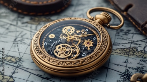Intricate vintage pocket watch displayed on an antique map with gears and mec...