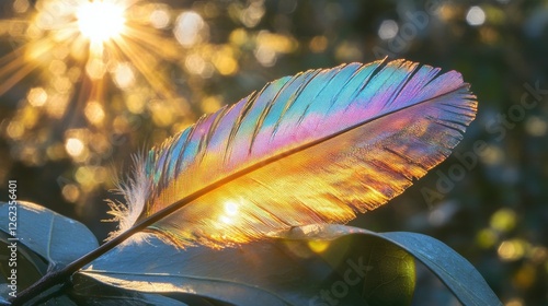 Colorful feather resting on green leaves with sunlight illuminating nature in...