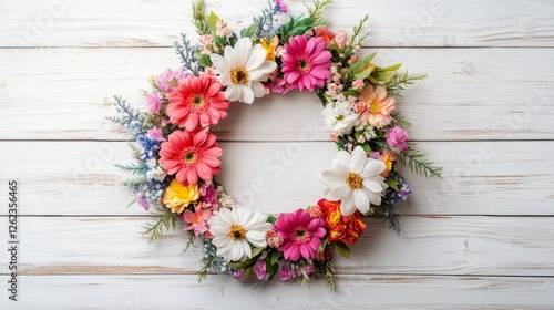 Colorful floral wreath resting against a rustic wooden background for seasona...