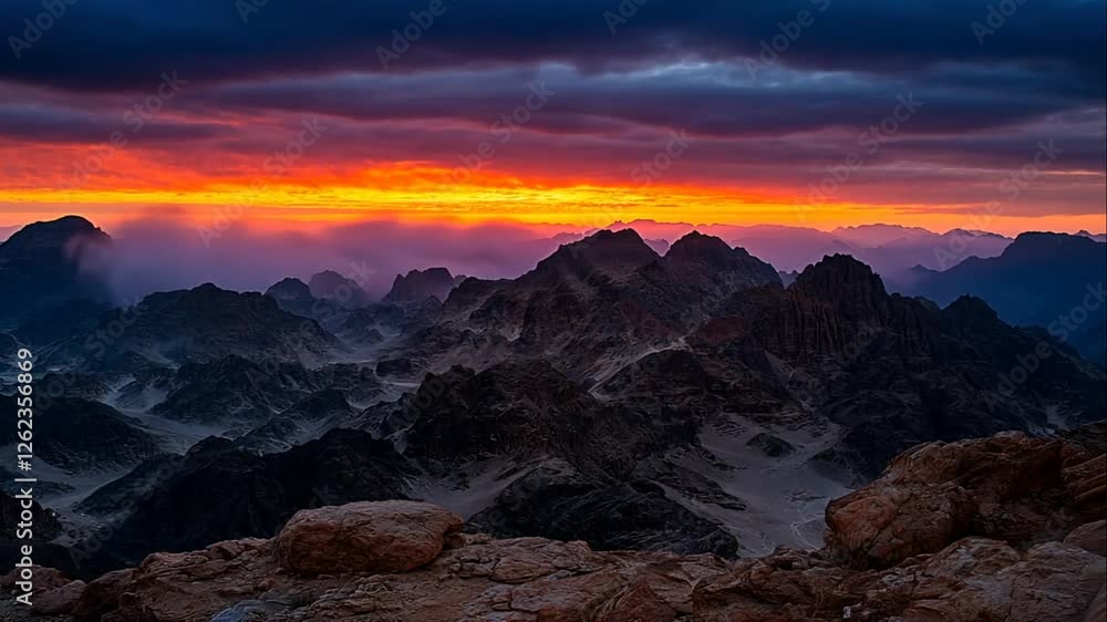 Majestic sunrise over a dramatic mountain range, showcasing vibrant colors and sun rays. Majestic sunrise over a dramatic mountain range, showcasing vibrant colors and sun rays.