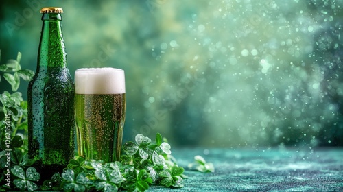 Green beer with clovers on a vibrant green background for celebration