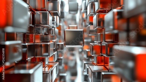 Abstract geometric structure featuring reflective cubes surrounded by vibrant...