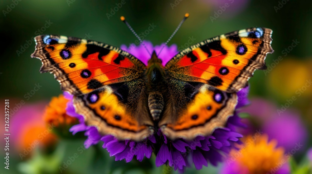Close-Up of Vibrant Butterfly Resting on Delicate Purple Flower Close-Up of Vibrant Butterfly Resting on Delicate Purple Flower