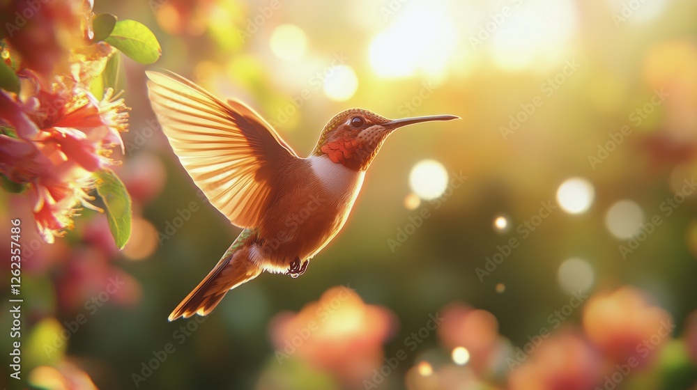 Fototapeta premium Hummingbird feeding on blossoms during sunset in a vibrant garden setting